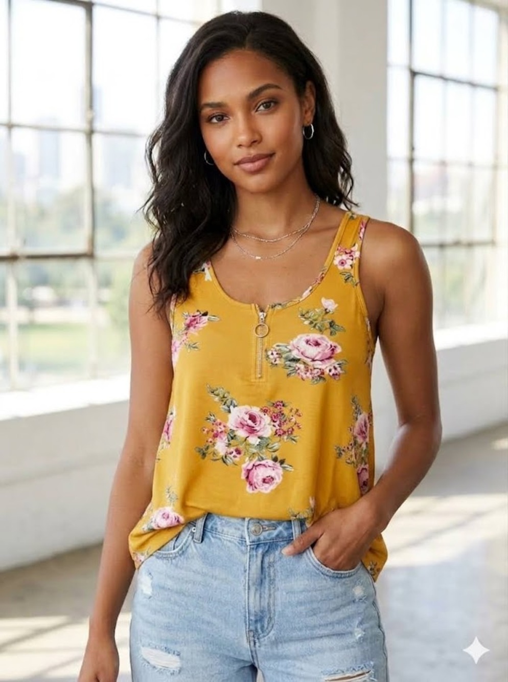 Wishful Park Y2K Floral Tank Top Vintage 90s O Ring Quarter Zip Sleeveless Sz M